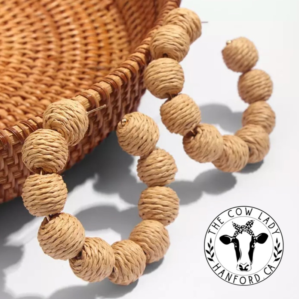 Straw Wicker Hoop Statement Piece Drop Earrings